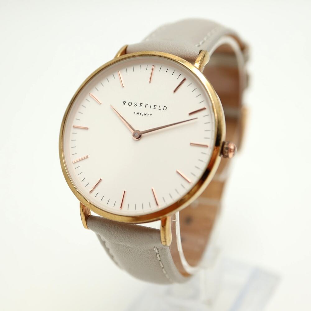 Rosefield Slim Rose Gold Tone Minimal 38mm Watch Gray Leather w New Battery